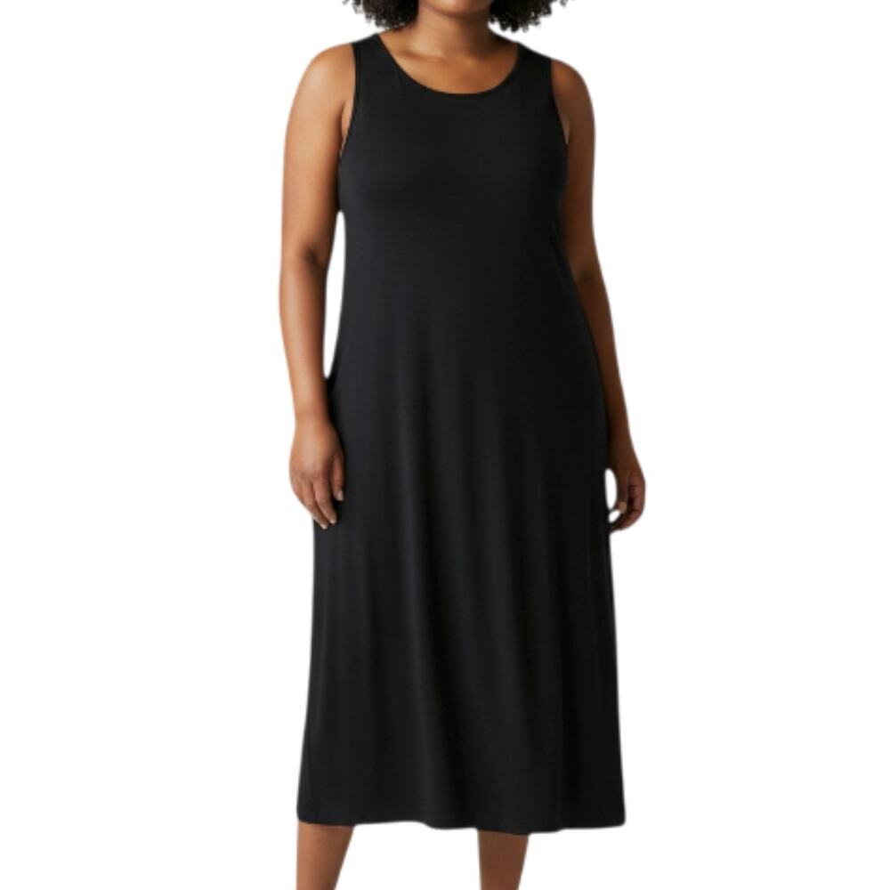 EILEEN FISHER Sleeveles Jersey Tank Midi Dress Sz XL Black Coastal Boho Made USA